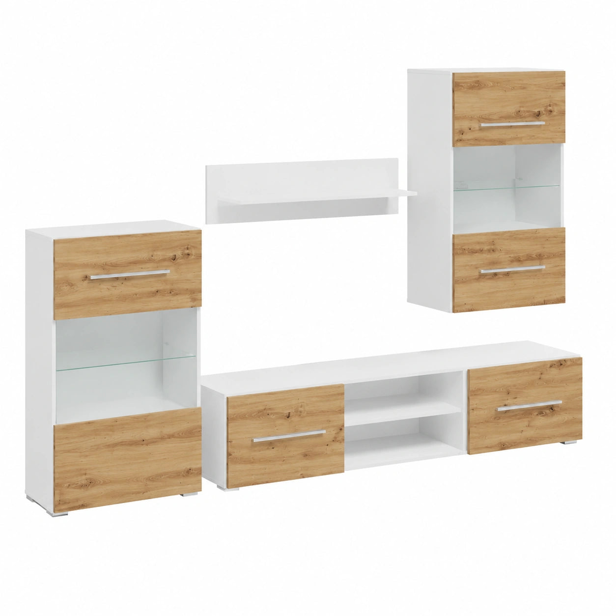 Wohnwand – 5-teilig, mit LED-Beleuchtung, aus Holzwerkstoff und Eichenholz, Artisan-Eiche