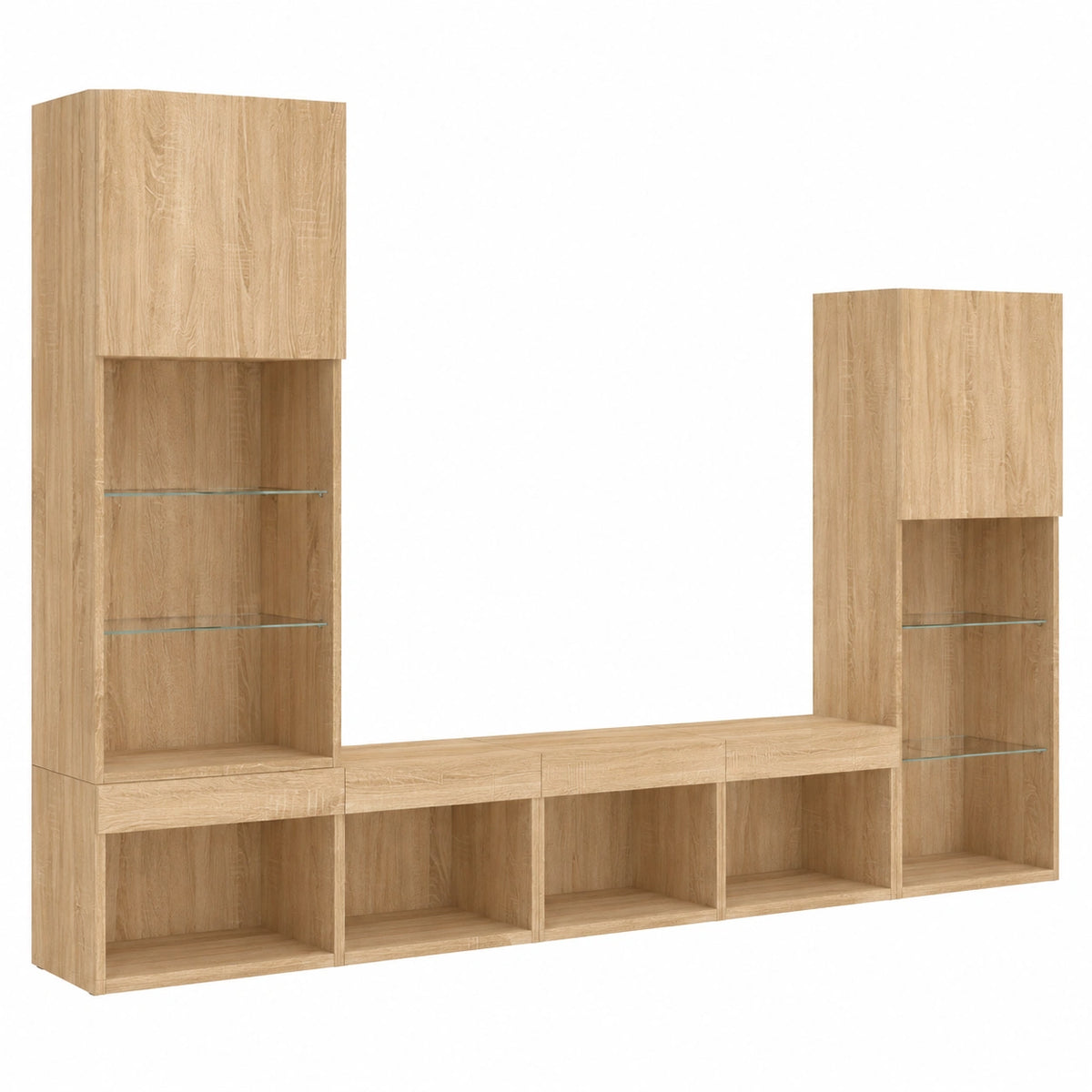 Wohnwand – 4-teilig, mit Stauraum, mit LED-Beleuchtung, aus Holzwerkstoff und Eichenholz, Sonoma-Eiche, für Wohnzimmer
