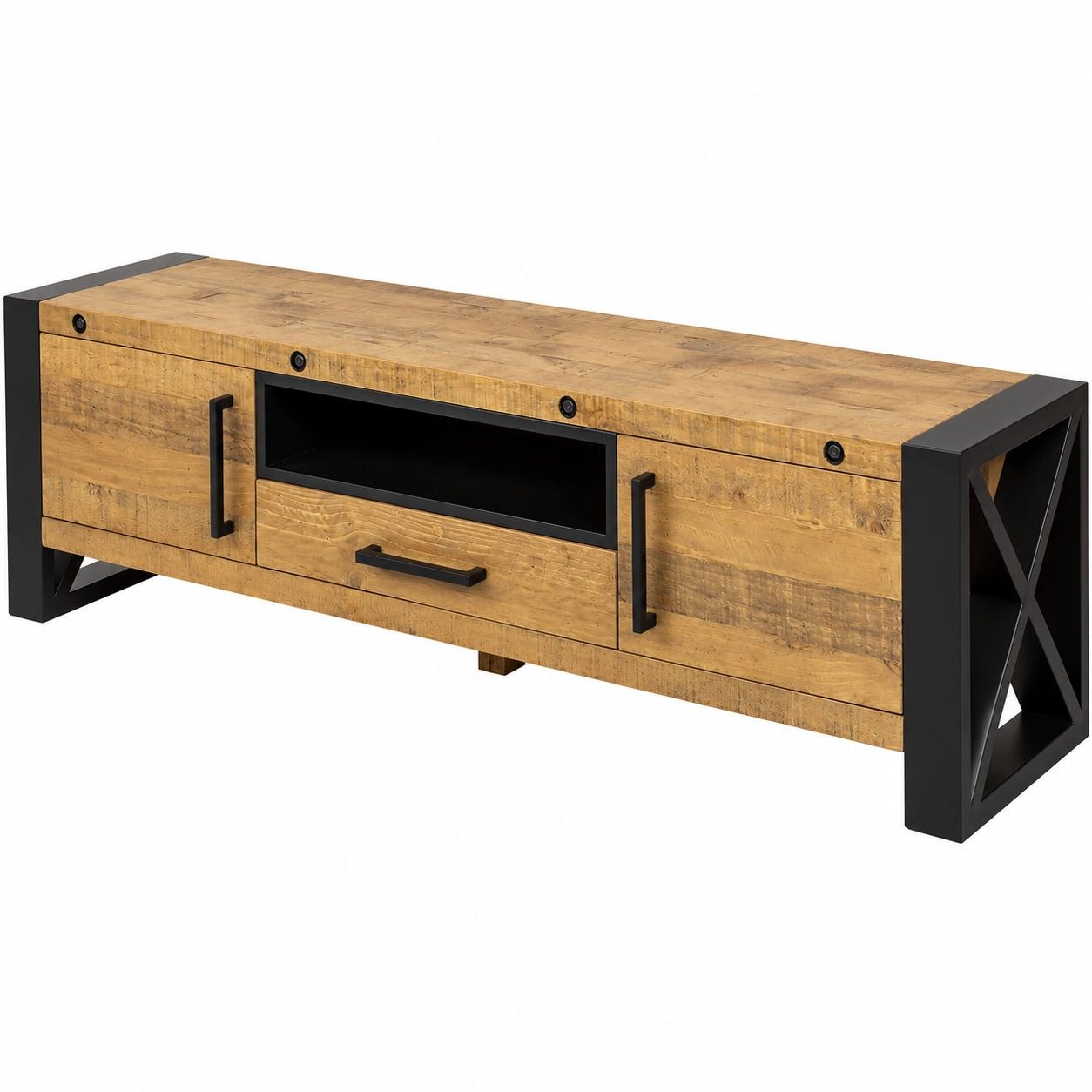 Lowboard – 200 cm, Industriestil, mit Schubladen, Schwarz und Naturfarben, für Wohnzimmer